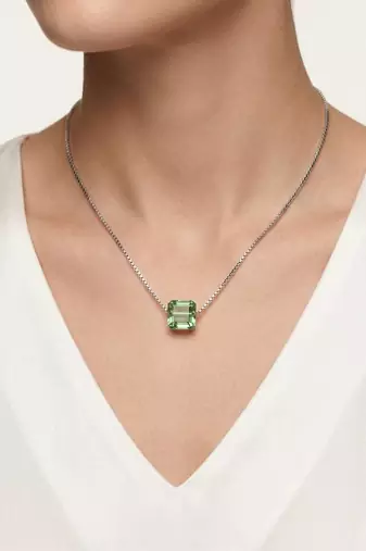925 Sterling Silver Emerald-Cut Green CZ Solitaire Pendant Necklace Set  for Women