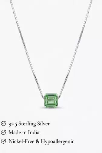 925 Sterling Silver Emerald-Cut Green CZ Solitaire Pendant Necklace Set  for Women