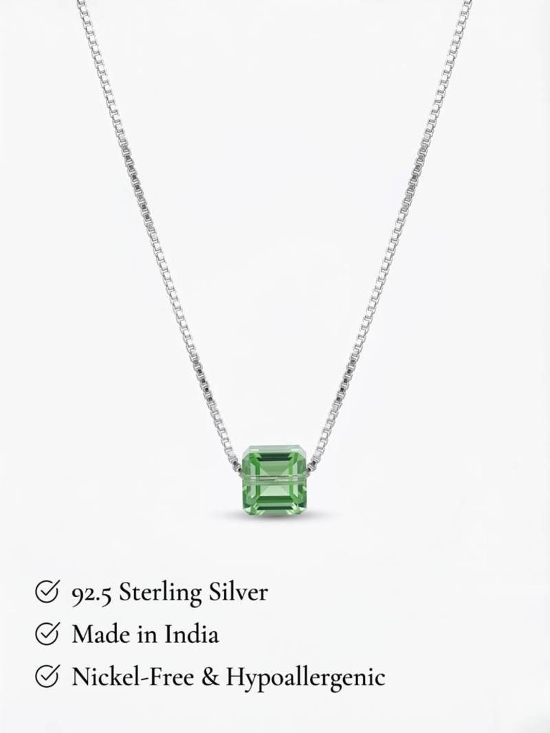 925 Sterling Silver Emerald-Cut Green CZ Solitaire Pendant Necklace Set  for Women