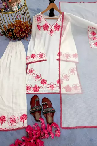White rayon readymade suit with embroidery & lace border work