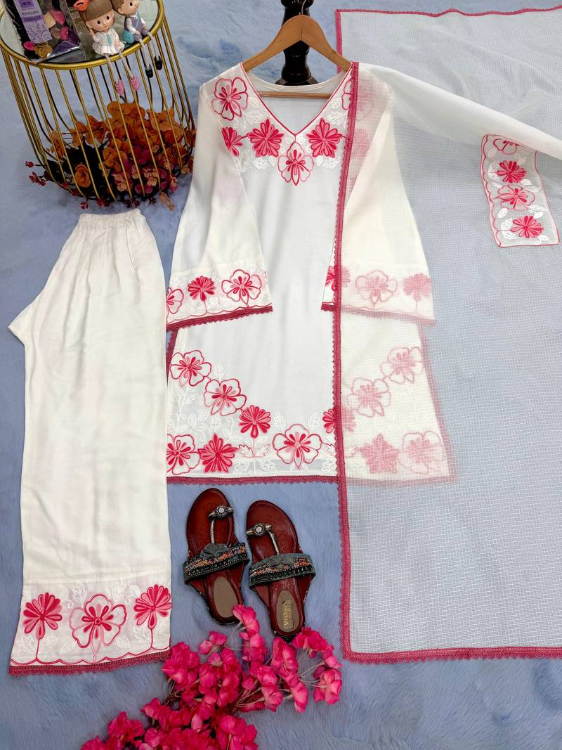 White rayon readymade suit with embroidery & lace border work