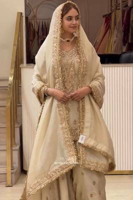 Beige chinon readymade suit with embroidery & sequence work 2