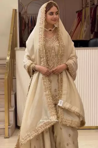 Beige chinon readymade suit with embroidery & sequence work