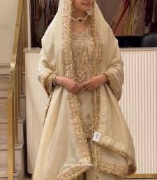 Beige chinon readymade suit with embroidery & sequence work