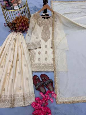 Beige chinon readymade suit with embroidery & sequence work 3