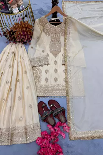Beige chinon readymade suit with embroidery & sequence work