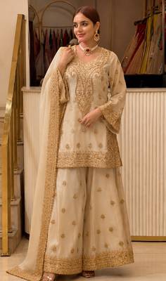 Beige chinon readymade suit with embroidery & sequence work 4