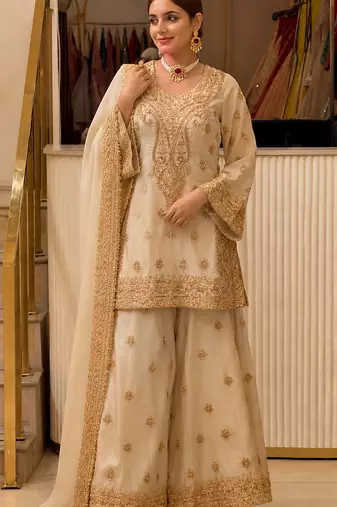 Beige chinon readymade suit with embroidery & sequence work