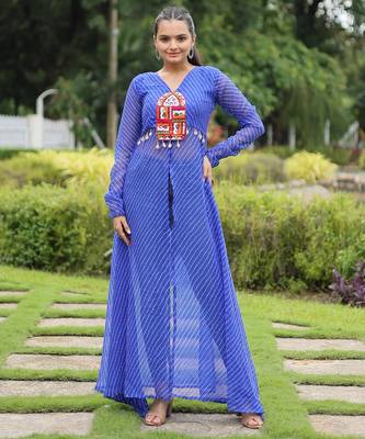 Blue georgette readymade navratri top with leheriya & kutchi patchwork 1