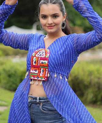 Blue georgette readymade navratri top with leheriya & kutchi patchwork 2