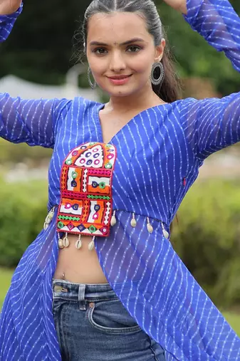 Blue georgette readymade navratri top with leheriya & kutchi patchwork