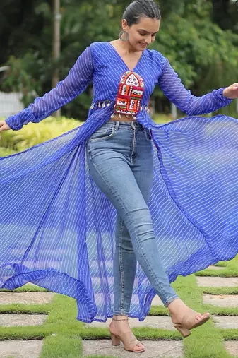 Blue georgette readymade navratri top with leheriya & kutchi patchwork