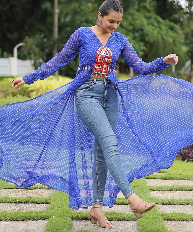 Blue georgette readymade navratri top with leheriya & kutchi patchwork