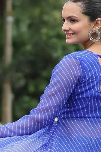 Blue georgette readymade navratri top with leheriya & kutchi patchwork
