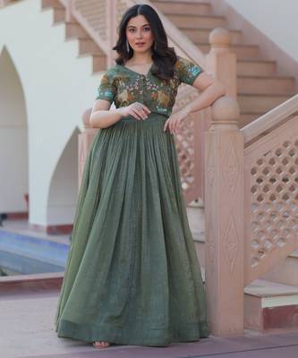 Mehendi silk blend readymade anarkali suit with embroidery work 1