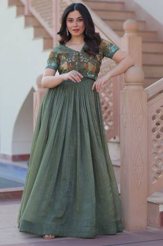 Mehendi silk blend readymade anarkali suit with embroidery work