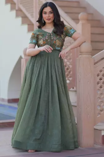 Mehendi silk blend readymade anarkali suit with embroidery work