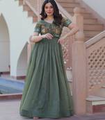 Mehendi silk blend readymade anarkali suit with embroidery work