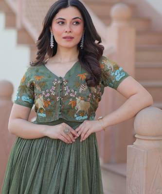 Mehendi silk blend readymade anarkali suit with embroidery work 2