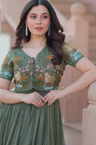 Mehendi silk blend readymade anarkali suit with embroidery work