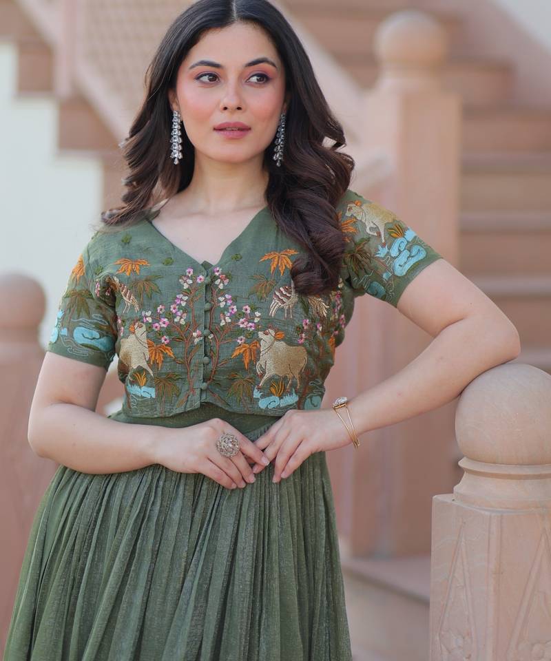 Mehendi silk blend readymade anarkali suit with embroidery work