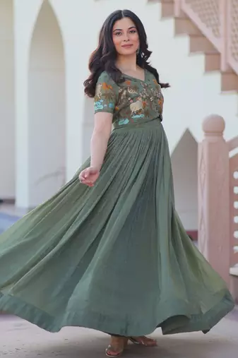 Mehendi silk blend readymade anarkali suit with embroidery work
