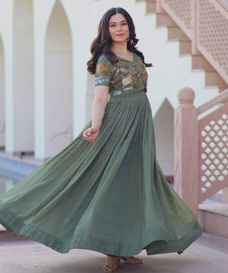 Mehendi silk blend readymade anarkali suit with embroidery work