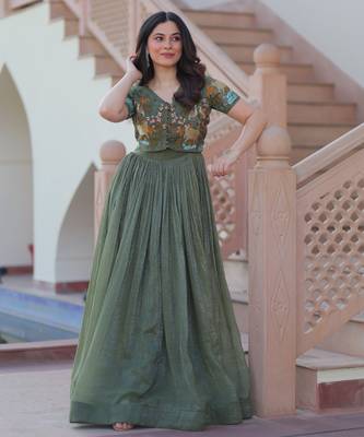 Mehendi silk blend readymade anarkali suit with embroidery work 4