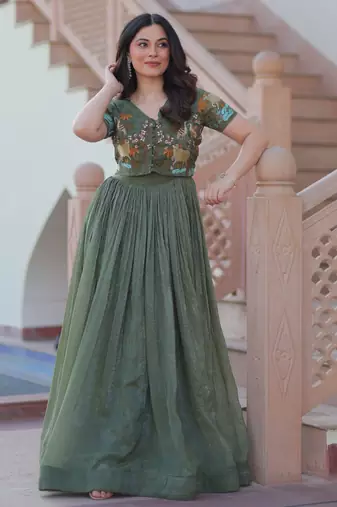 Mehendi silk blend readymade anarkali suit with embroidery work