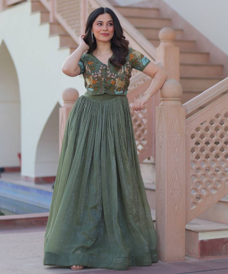 Mehendi silk blend readymade anarkali suit with embroidery work