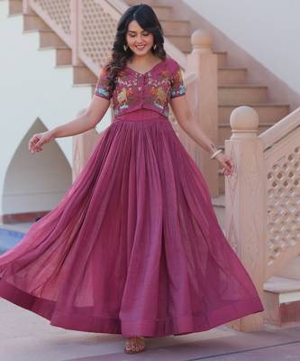 Wine silk blend readymade anarkali suit with embroidery work 1