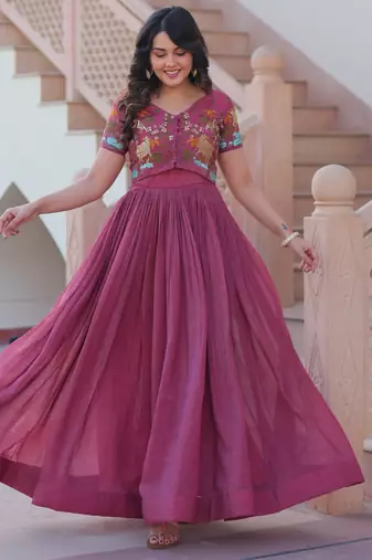 Wine silk blend readymade anarkali suit with embroidery work
