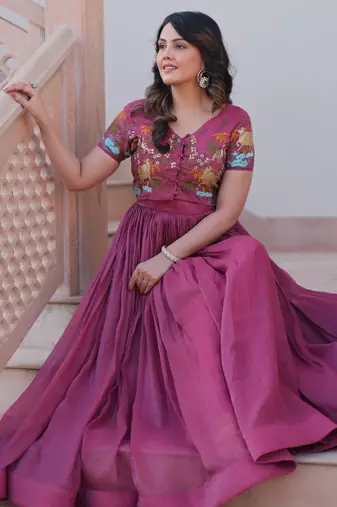 Wine silk blend readymade anarkali suit with embroidery work