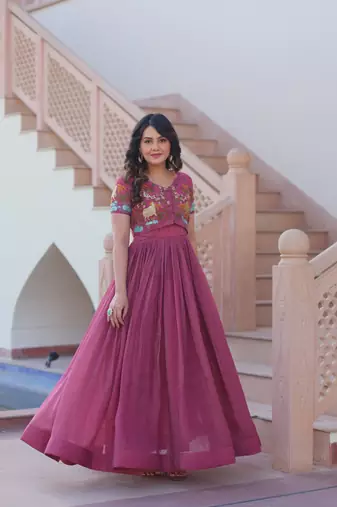 Wine silk blend readymade anarkali suit with embroidery work