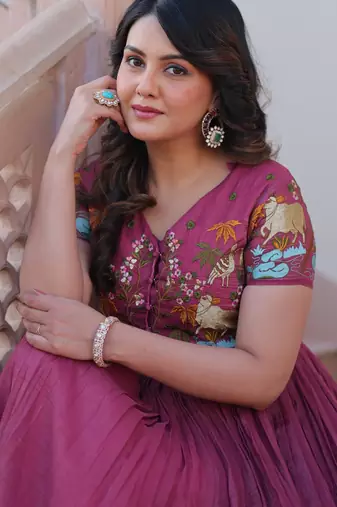 Wine silk blend readymade anarkali suit with embroidery work