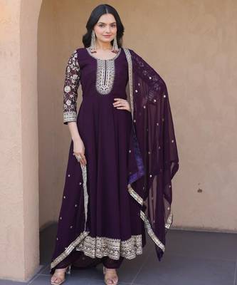 Wine georgette readymade anarkali suit with embroidery & sequence work 1