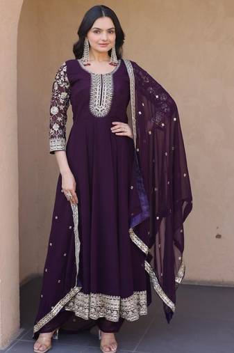 Wine georgette readymade anarkali suit with embroidery & sequence work