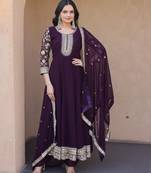 Wine georgette readymade anarkali suit with embroidery & sequence work