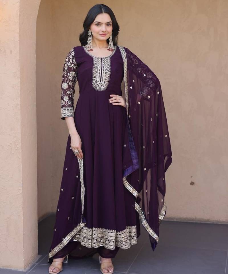 Wine georgette readymade anarkali suit with embroidery & sequence work