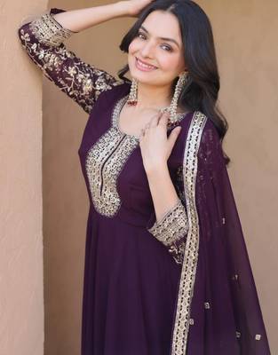 Wine georgette readymade anarkali suit with embroidery & sequence work 2