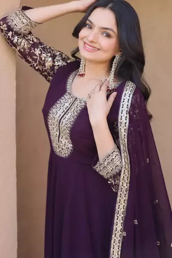 Wine georgette readymade anarkali suit with embroidery & sequence work