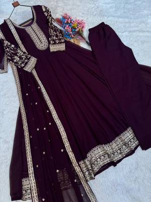 Wine georgette readymade anarkali suit with embroidery & sequence work 3