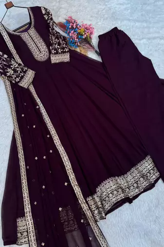 Wine georgette readymade anarkali suit with embroidery & sequence work