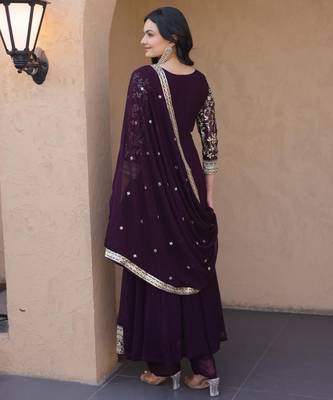 Wine georgette readymade anarkali suit with embroidery & sequence work 4