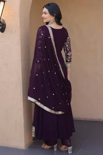 Wine georgette readymade anarkali suit with embroidery & sequence work