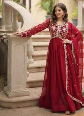 Red georgette readymade anarkali suit with embroidery & sequence work 1