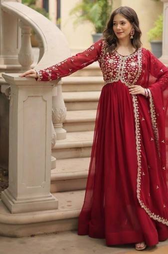 Red georgette readymade anarkali suit with embroidery & sequence work