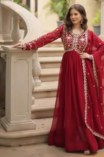 Red georgette readymade anarkali suit with embroidery & sequence work