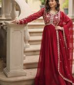 Red georgette readymade anarkali suit with embroidery & sequence work