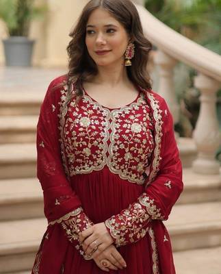 Red georgette readymade anarkali suit with embroidery & sequence work 2